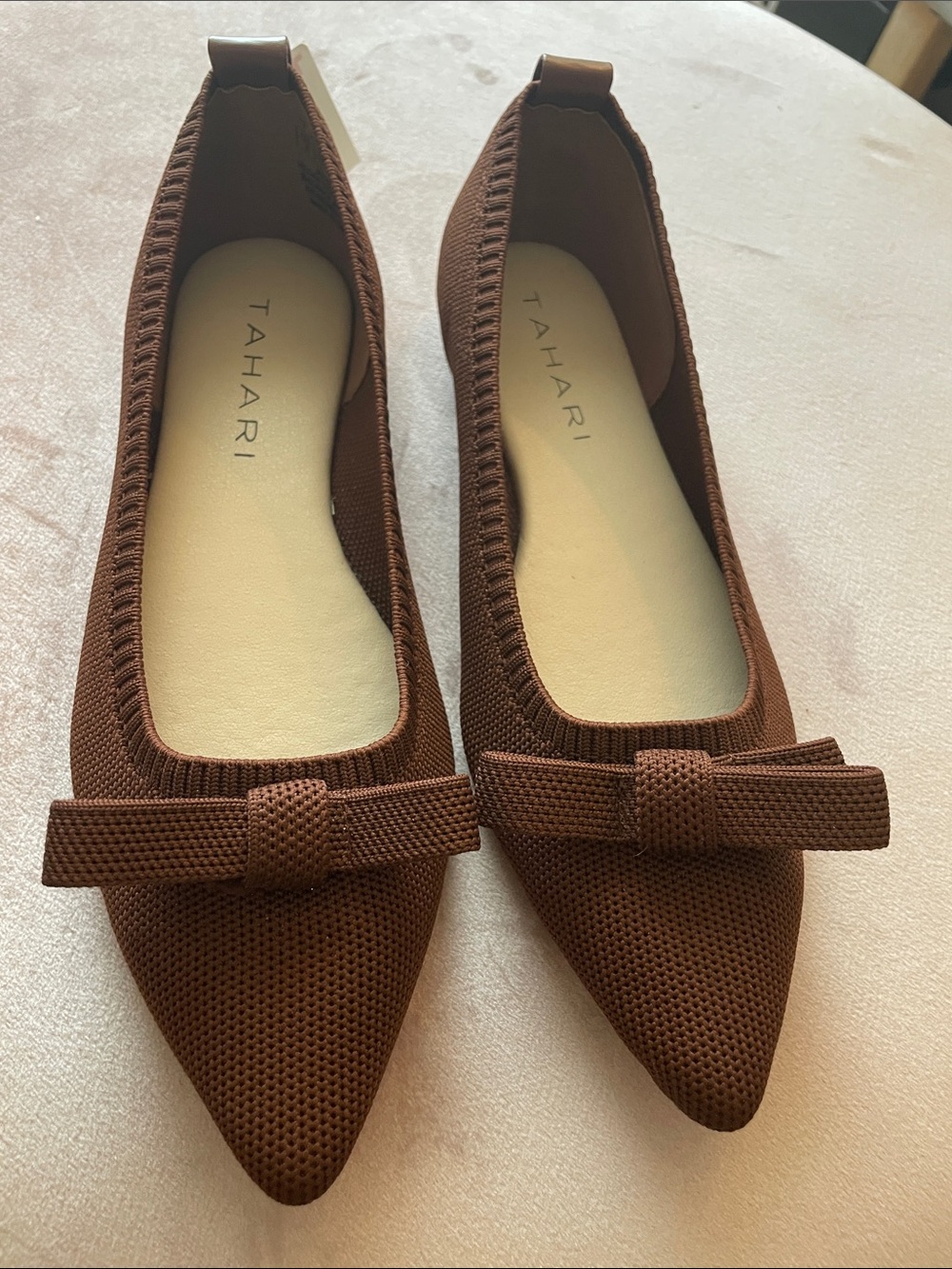 Tahari Brown Pointed-Toe Knit Bow Flats
